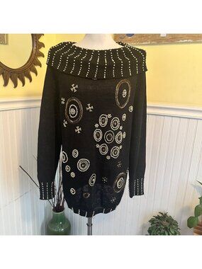 Victoria Harbour Black Beaded & Embellished Sweater With Gold Accents Size M